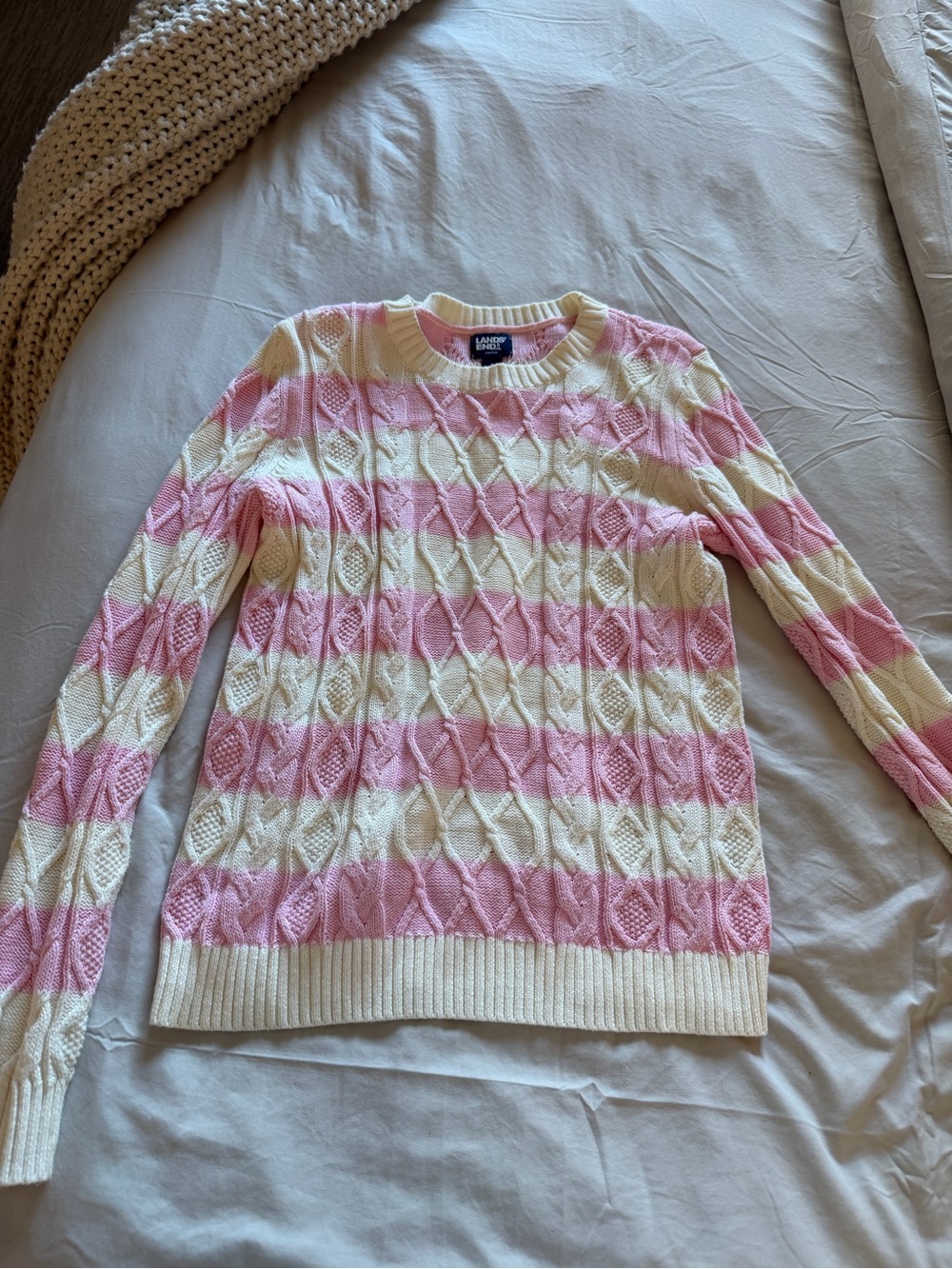 Lands' End Pink and Cream Striped Cable Crewneck Sweater